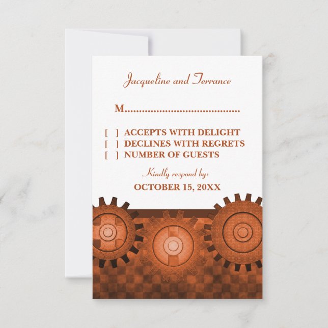 Steampunk Gears RSVP Card, Orange Card (Front)