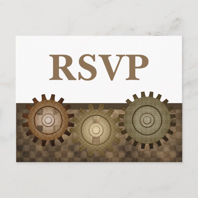 Steampunk Gears RSVP Postcard, Brown Invitation Postcard (Front)