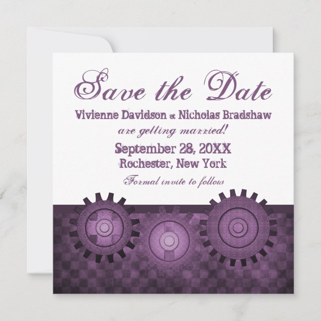 Steampunk Gears Save the Date Invite, Purple Invitation (Front)