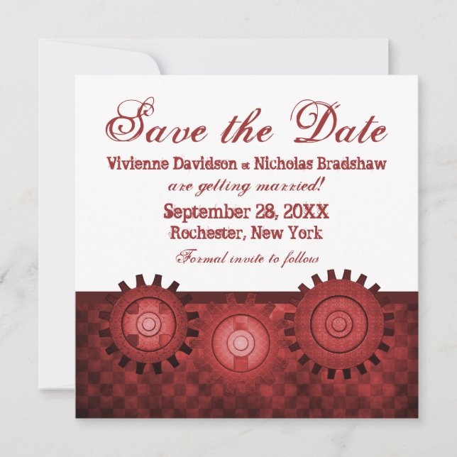 Steampunk Gears Save the Date Invite, Red Invitation (Front)