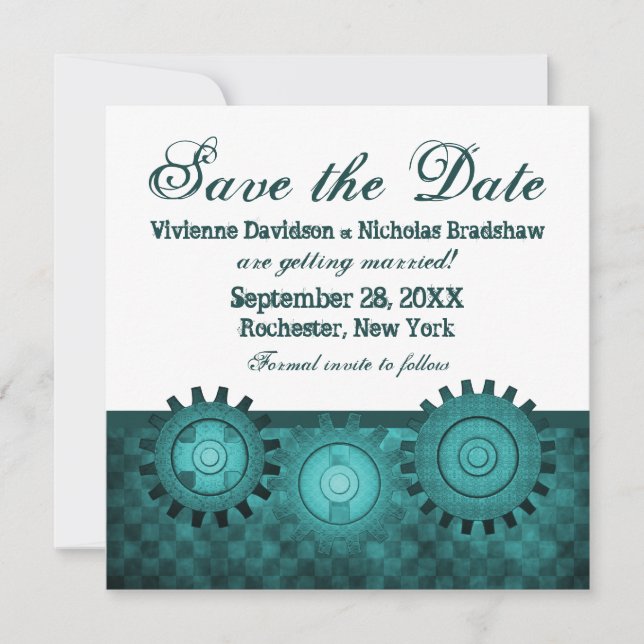 Steampunk Gears Save the Date Invite, Teal Invitation (Front)