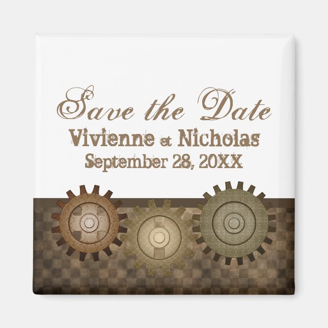Steampunk Gears Save the Date Magnet, Brown Magnet (Front)
