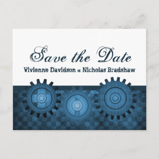 Steampunk Gears Save the Date Postcard, Blue Announcement Postcard