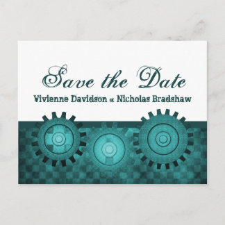 Steampunk Gears Save the Date Postcard, Teal Announcement Postcard
