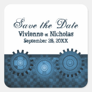 Steampunk Gears Save the Date Stickers, Blue Square Sticker