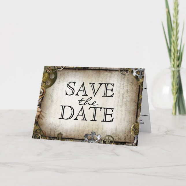 Steampunk Gears Victorian Save the Date Card (Front)