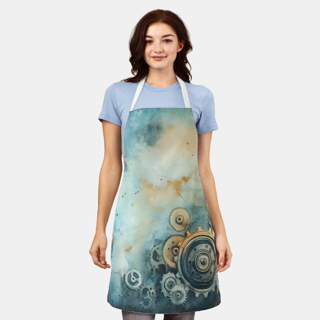 Steampunk Gears Watercolor - Clock Work Apron (Worn)