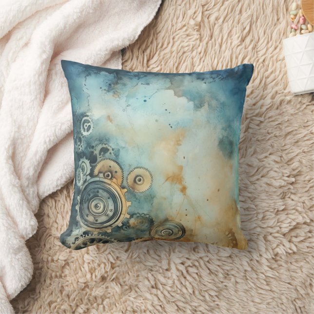 Steampunk Gears Watercolor - Clock Work Throw Pillow (Blanket)