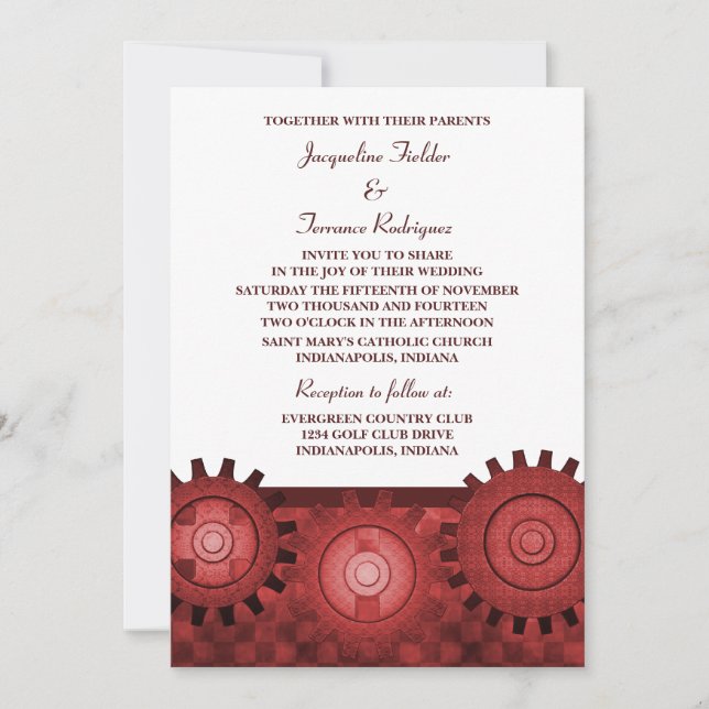 Steampunk Gears Wedding Invite, Red Invitation (Front)