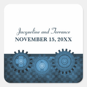 Steampunk Gears Wedding Stickers, Blue Square Sticker