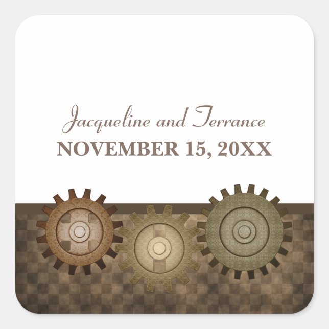 Steampunk Gears Wedding Stickers, Brown Square Sticker (Front)