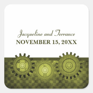 Steampunk Gears Wedding Stickers, Green Square Sticker