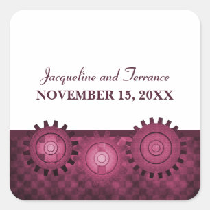 Steampunk Gears Wedding Stickers, Pink Square Sticker