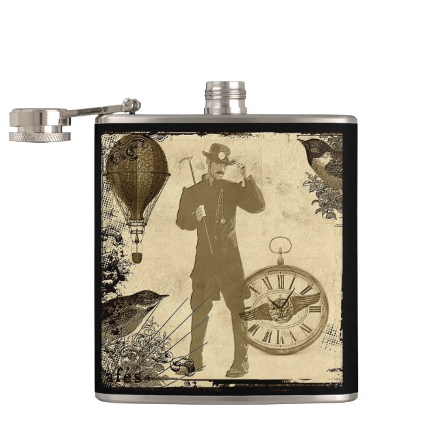 Steampunk Gentleman Collage Hip Flask (Opened)
