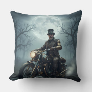 Steampunk Gentleman on retro motorcycle Throw Pillow