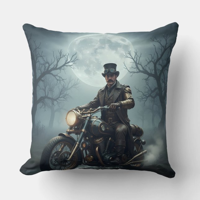 Steampunk Gentleman on retro motorcycle Throw Pillow (Front)