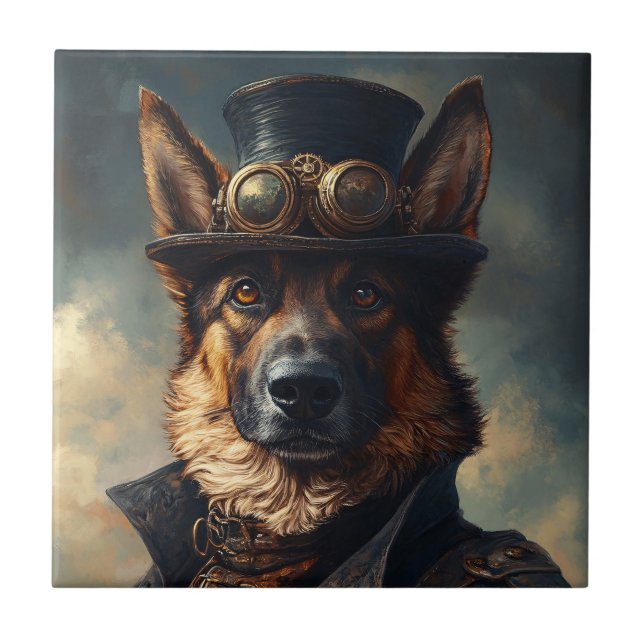 Steampunk German Shepherd Dog in Top Hat Tile (Front)