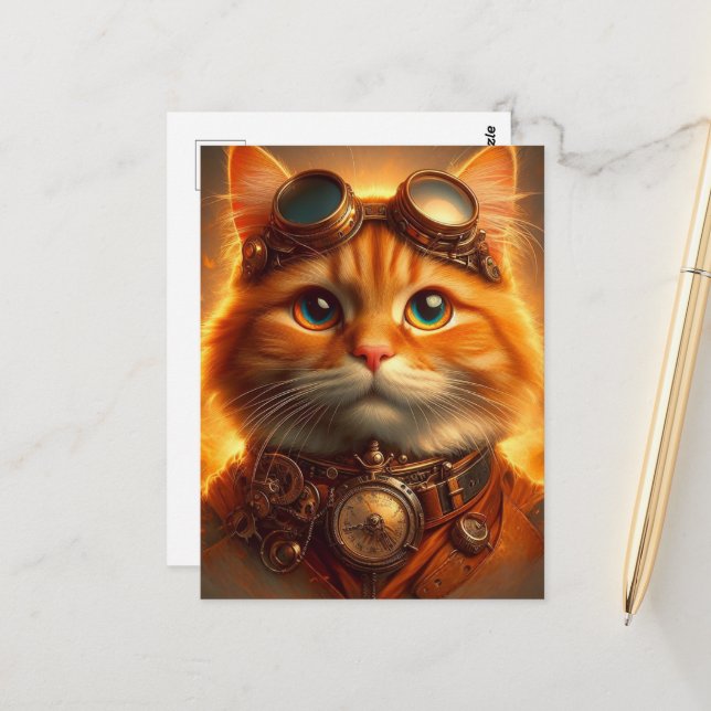 Steampunk Ginger Cat Postcard (Front/Back In Situ)