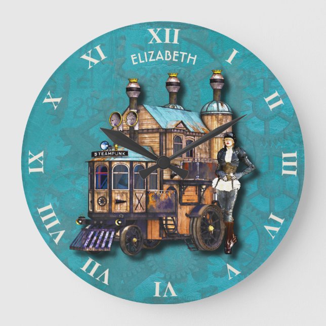 Steampunk Girl And Fantasy Locomotive Machine Large Clock (Front)
