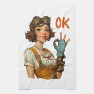 Steampunk Girl Confident OK Gesture Kitchen Towel