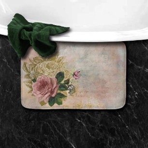 Steampunk Glam   Pink and Gold Rose Rustic Floral Bath Mat