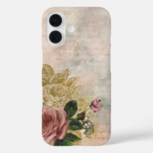 Steampunk Glam   Pink and Gold Rose Rustic Floral iPhone 16 Case