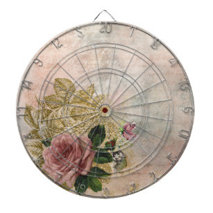 Steampunk Glam   Pink and Gold Rose Rustic Floral Dartboard