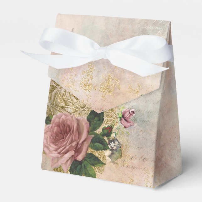 Steampunk Glam | Pink and Gold Rose Rustic Floral Favor Box (Front Side)