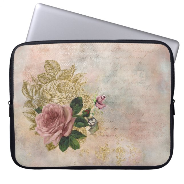 Steampunk Glam | Pink and Gold Rose Rustic Floral Laptop Sleeve (Front)