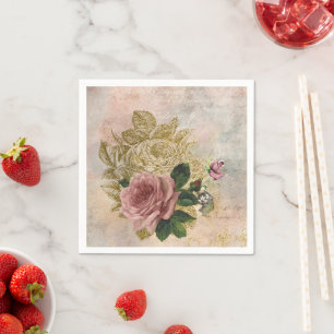 Steampunk Glam   Pink and Gold Rose Rustic Floral Napkin