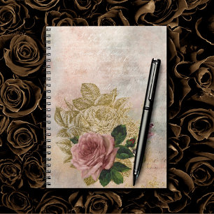 Steampunk Glam   Pink and Gold Rose Rustic Floral Notebook