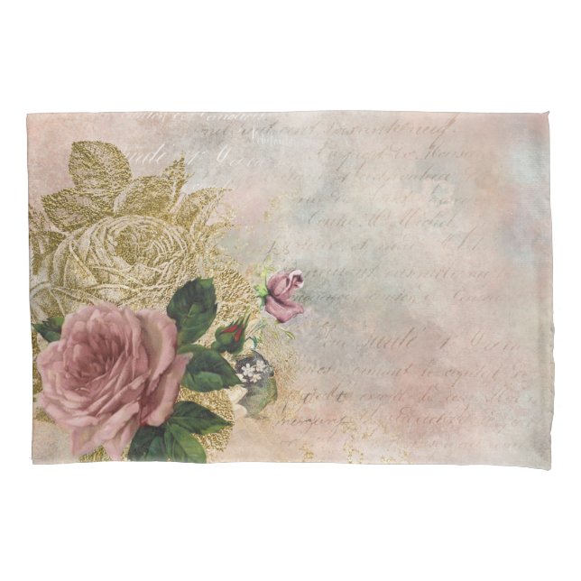 Steampunk Glam | Pink and Gold Rose Rustic Floral Pillowcase (Front)