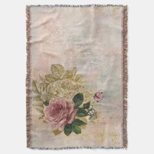 Steampunk Glam Pink and Gold Rose Rustic Floral Throw Blanket