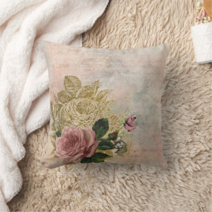 Steampunk Glam Pink and Gold Rose Rustic Floral Throw Pillow