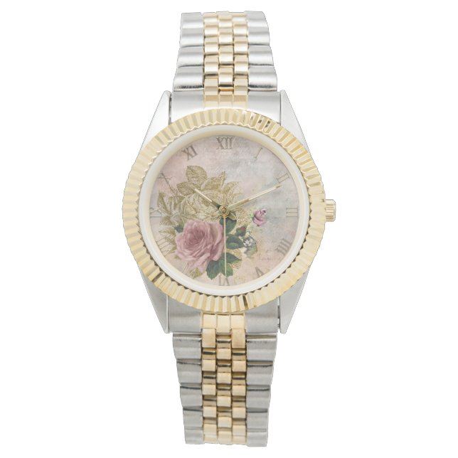 Steampunk Glam | Pink and Gold Rose Rustic Floral Watch (Front)