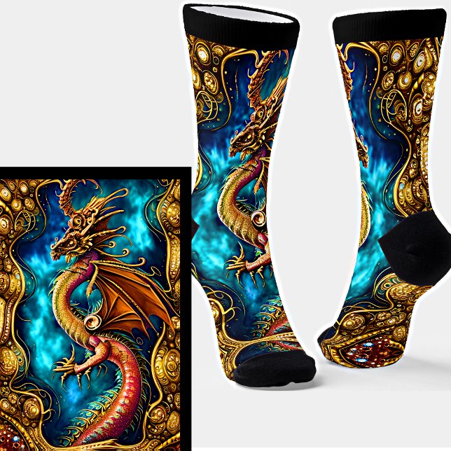 Steampunk Golden Dragon & Blue Sky on Black  Socks (Creator Uploaded)