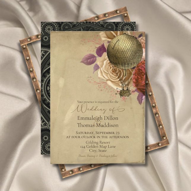 Steampunk Golden Hot Air Balloon Floral Wedding Invitation (Creator Uploaded)
