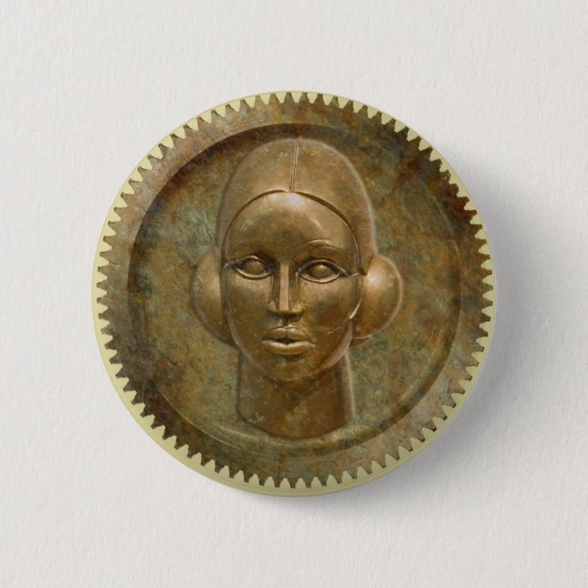 Steampunk Golden Metal Gear Goddess 2 Inch Round Button (Front)
