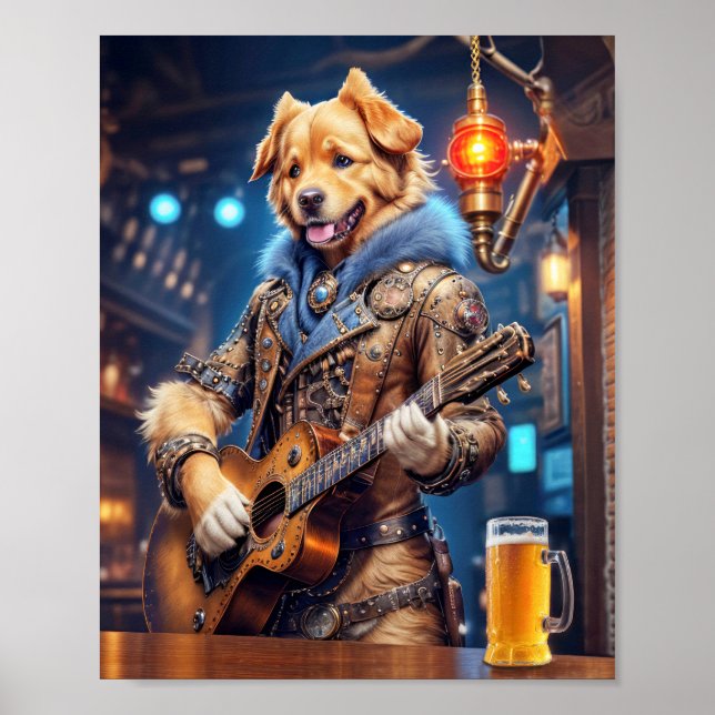 Steampunk golden retriever with acoustic guitar poster (Front)