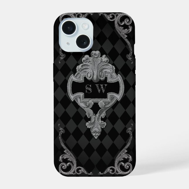 Steampunk Goth Monogrammed iPhone 15 Case (Back)