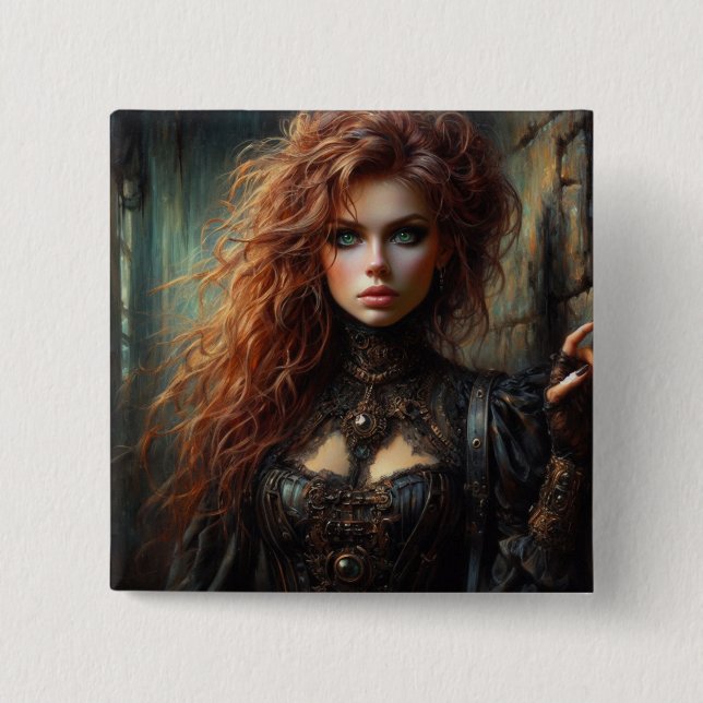 Steampunk gothic female  2 inch square button (Front)