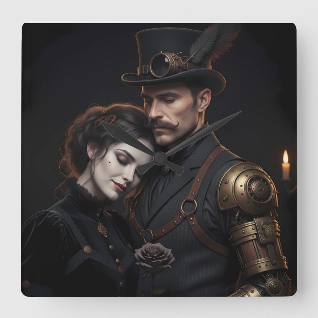 Steampunk Gothic pair Square Wall Clock (Front)