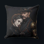 Steampunk Gothic pair Throw Pillow<br><div class="desc">A breathtaking portrait of an elegant steampunk couple in dark Victorian vaults. The gentleman wears a mechanical arm and cylinder while the lady rests in his arms and holds a black rose. ​ This picture captures the beauty of the dark romance perfectly and is ideal for wedding gifts, anniversaries or...</div>