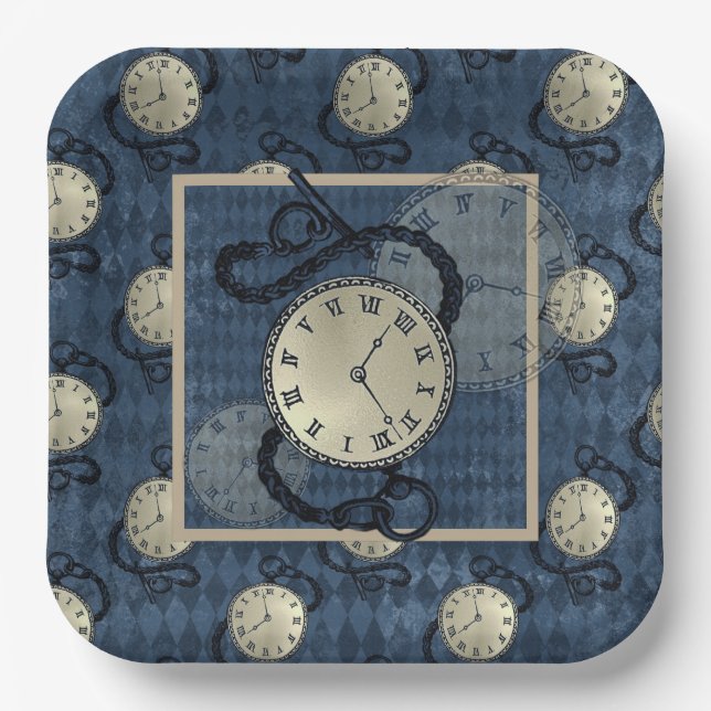 Steampunk gothic punk clocks & skulls paper plate (Front)