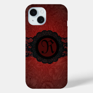 steampunk gothic victorian red black lace monogram iPhone 15 case