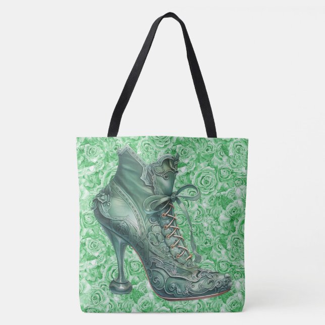 Steampunk Green Boots on Roses Large Shoulder Tote Bag (Front)