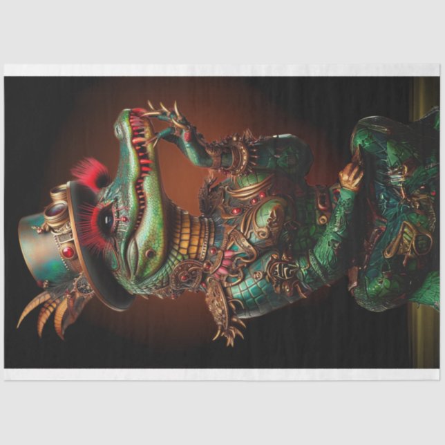 Steampunk Green Coloured Alligator Decoupage Tissue Paper (Front)