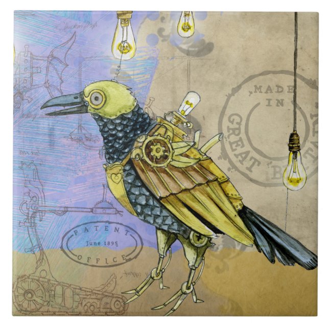 Steampunk Grunge Drawing of Mechanical Bird Tile (Front)
