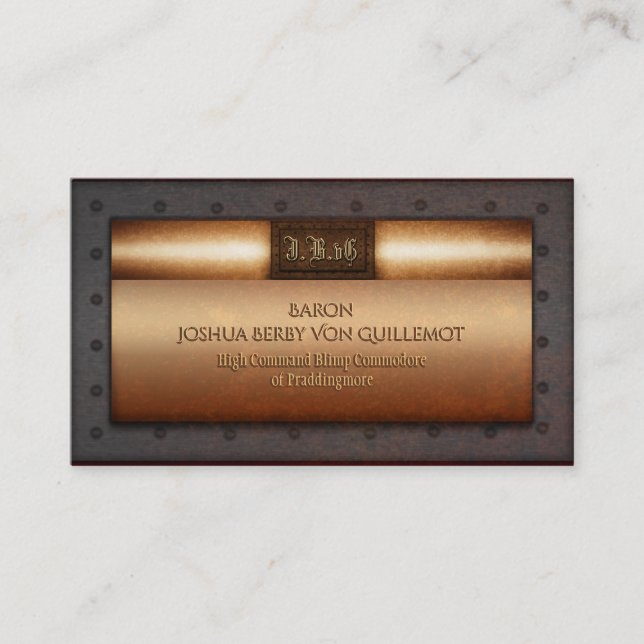 Steampunk grunge riveted brass monogram plates business card (Front)