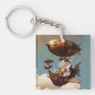 Steampunk Gummy Bear Pilot in Fantasy Airship Keychain